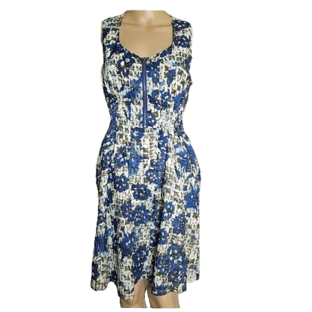 Andrew Marc Blue Floral Front Zip Tie Back Dress - Size 4 - Sleeveless Cotton